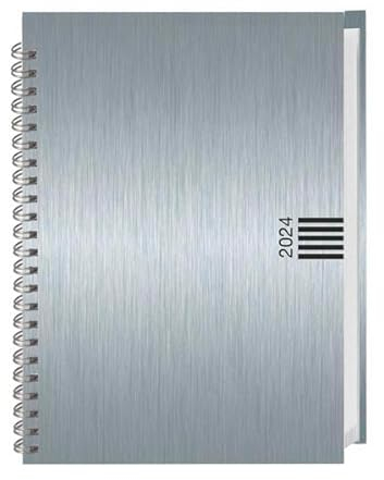 Cheftimer A5 mit Wochenkalender 2024. Silberner Terminkalender in Aluoptik. Buch-Kalender mit Eckperfoation und Spiralbindung. Taschenkalender 2024 zum Planen von Terminen.