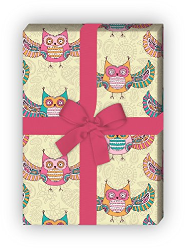 Kartenkaufrausch Indianisches Geschenkpapier Set mit Eulen als edle Geschenk Verpackung, Designpapier, scrapbooking, 4 Bögen, 32 x 48cm Dekorpapier, Musterpapier zum Einpacken