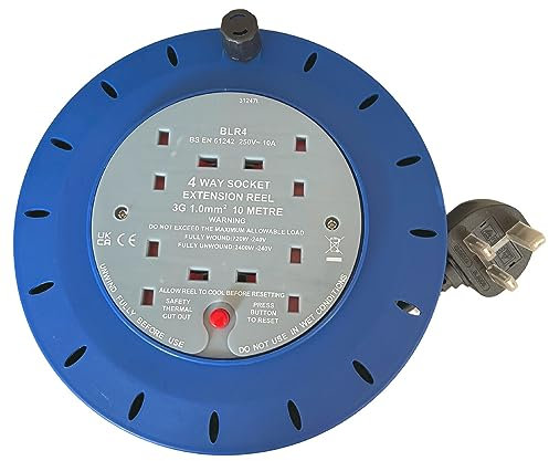 ShaniTech 10M Metre 13A Amps 4 Way Gan Mains Extension Lead Reel, Heavy Duty Thermal Cut Out for Garden, Workshop, DIY