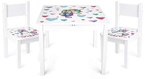 Leomark Weiß Kindertisch und 2 Stühle aus Holz - Einhorn YETI - Tisch Kinderstuhl für Kinder, Kindersitzgruppe, Sitzgruppe mit UV Aufdruck, Mehrfarbig Tischgarnitur, Dim: 49 (H) cm