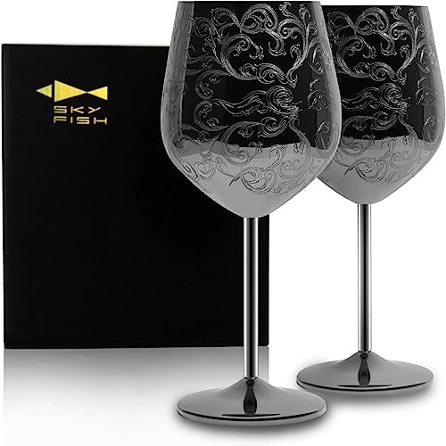 SKY FISH Stainless Steel Wine Glasses, 480 ml Luxury Wine Goblets Set of 2, Vintage Style Red Wine Cups, Hand Wash (Black)