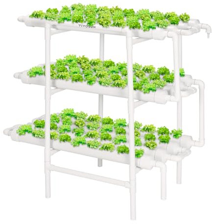 VIVOSUN Hydroponic Grow Kit, 3 Schichten 108 Pflanzenstandorte 12 PVC-Rohre Hydroponik Anzuchtsystem mit Wasserpumpe, Pumptimer, Nestkorb und Schwamm für Blattgemüse