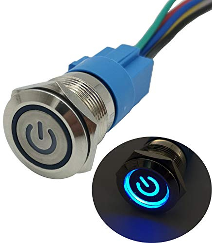 CESFONJER Interruttore a pulsante autobloccante, 12V 5A Interruttore Automatico, Impermeabile Pulsante Interruttore Pulsante in Acciaio Inossidabile 19 mm LED con Simbolo di potenza (Blu)