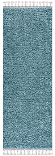 carpet city Hochflor Teppich Wohnzimmer - Einfarbig Blau - 80x400 cm Läufer - Shaggyteppich Langflor - Kettfäden - Schlafzimmerteppich Flauschig Weich - Moderner Flurteppich