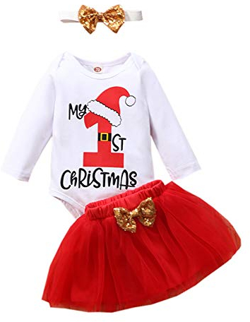 Lazzboy Store Weihnachten kostüm kinder Neugeborene Mädchen Mädchen Cartoon Strampler Bodysuit + Bowknot Tüll Rock Set das Erntedankfest Geschenk (Weiß,Höhe:100)