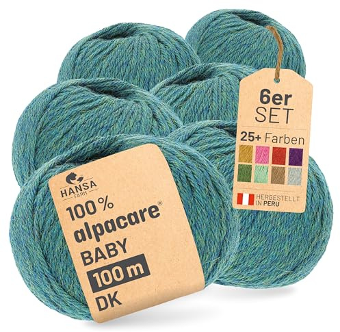 HANSA-FARM | Alpacare 100% die 1. maschinenwaschbare Baby Alpakawolle - 300 Set DK (6 x 50g) - kratzfreie Alpaka Wolle zum Stricken & Häkeln - Blau-Grün
