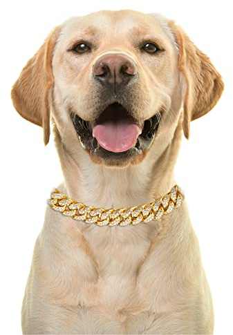 Halukakah Goldkette Iced Out für Hund,Diamant Kubanische Halskette Kragen 14MM 18 Karat Echt Vergoldet 55cm Größe XL mit KOSTENLOSER Geschenkbox,Nur Dekoration