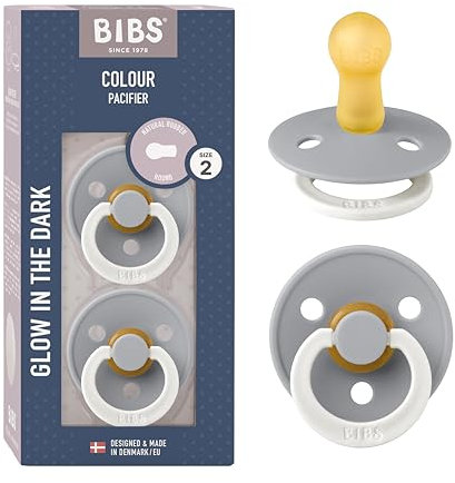BIBS Colour Glow Schnuller 2er-Pack, BPA-frei. Leuchtet im Dunkeln, Kirschform Nippel. Naturkautschuk/Latex, Hergestellt in Dänemark, Größe 2 (6-18 Monate), Cloud Glow