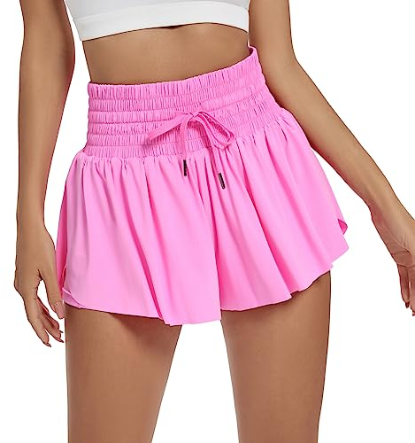 Blaosn Short athlétique Fluide pour Femme pour Gym, Yoga, entraînement, Course à Pied, Motard, Jupe de Tennis Papillon, vêtements Mignons d'été, Rose Vif, 40