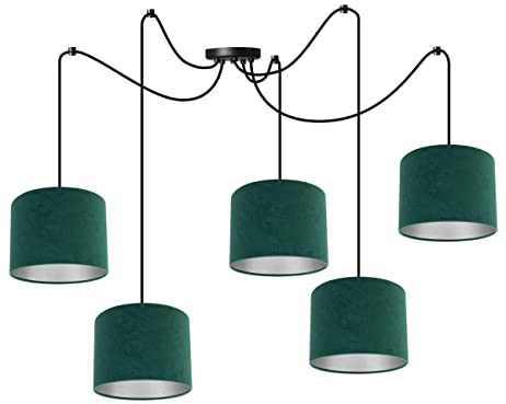 Light-Home Milan Spider Hängelampe - Hängeleuchte in Spinnenform - Deckenlampe – Spinne Lampe mit 5 Kopf - Hängeleuchte aus Metall und Stoff - E27 - Grün und Silber