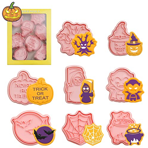 GoldOars 8Pcs Ausstecher Cookie, Halloween Backen Form 3D Ausstecher Set Wiederverwendbar Kunststoff Stempel Ausstechformen Formen für Kinder Keksausstecher Backset zum, Für Keksteig, DIY