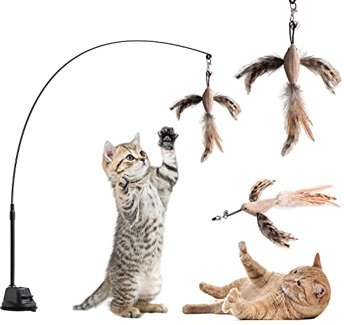 Aohcae Interaktives Katzenspielzeug Angel mit Feder, Glocken Zauberstab, Intelligenz und Selbstbeschäftigung - mit Saugnapf