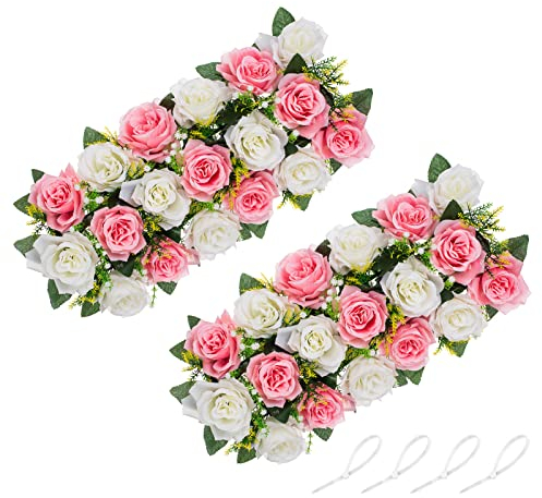 NUPTIO Kunstblumen Mittelstücke für Tische 2 Stück Rosa & Weiße Blumen 50cm Lang Gefälschte Rosen Arrangements Seide Faux Floral Mittelstück für Hochzeit Party Esstisch Kamin Dekorationen