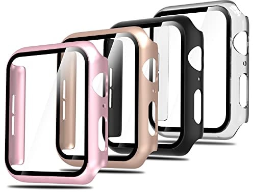 Simpeak 4 Pezzi Cover Compatibile con Apple Watch SE3/ SE2 /SE/Series 6/5/4 40 mm, Custodia Rigida con Vetro Temperato HD Pellicola Protettiva Anti-Graffio Full Protezione