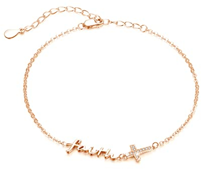 Waysles Damen Armband Kreuz 925 Sterling Silber Verstellbare Glaube Kreuz Armband Religiöse Schmuck Rosen Vergoldet Armkettchen Geschenke für Frauen Mädchen Kinder