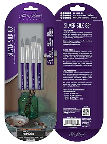 Silver Brush Limited Silver Silk 88 Variety Acrylic Paintbrush Set, 4pc | Round, Oval Crescent, Angle, Chisel Blender, Short Handle, Medium Stiff Silver Taklon Bristle, Maximum Colour Absorbency