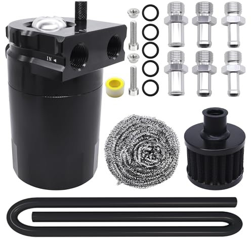 HISports Récupérateur huile moteur,réservoir de collecte d'huile 350ml réservoir de carburant en aluminium réservoir de stockage d'huile avec filtre à air tube pièces détachées accessoires(noir)