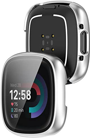 KUTEWEU Hülle Kompatibel mit Fitbit Versa 4/ Fitbit Sense 2, 9H Härte Mit Glasfolie Schutzfolie Anti Kratzen PC Cover Schutzhülle Case für Fitbit Versa 4/ Sense 2 Smartwatch (2 Stück Silber)
