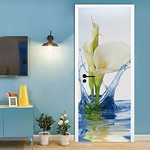 Tür tapeten 3d selbstklebend Weiße Calla-Lilie Türposter Türaufkleber Wasserdicht Abnehmbare Vinyl türfolie Fototapete diy Wandbild Wohnzimmer Schlafzimmer B85 x H205cm