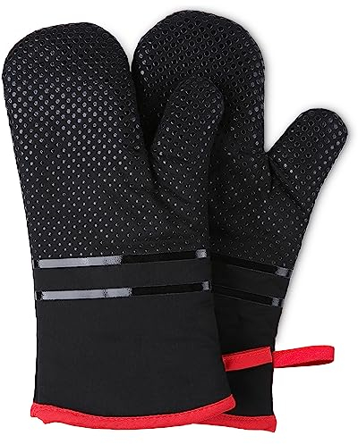 Ofenhandschuhe, hitzebeständige Küchenhandschuhe 300 °C, rutschfeste Silikon-Oberfläche, extra lang, flexibel, dicke Handschuhe für Küche, Kochen, Backen, Grillen, Schwarz