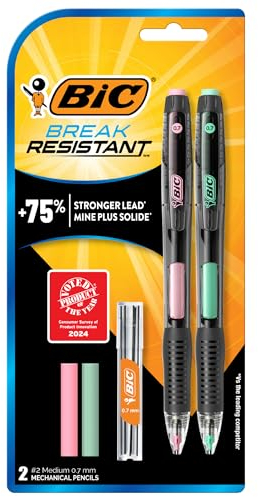 BIC Lot de 2 porte-mines incassables avec gomme, pointe moyenne n°2, 0,7 mm, couleurs assorties