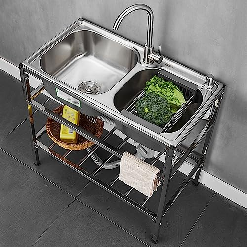 Kommerzielle Küchenspüle, Doppelwaschbecken, Edelstahl-Waschbecken, Außen-Gastronomie-Spüle, Waschbecken mit kaltem und heißem Wasserhahn für Garage, Garten, Bar, Restaurant