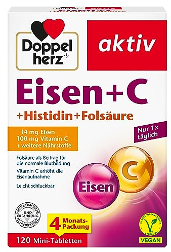 Doppelherz Eisen + C + Histidin + Folsäure - Folsäure als Beitrag für die normale Blutbildung - Vitamin C erhöht die Eisenaufnahme - 120 leicht schluckbare Mini-Tabletten
