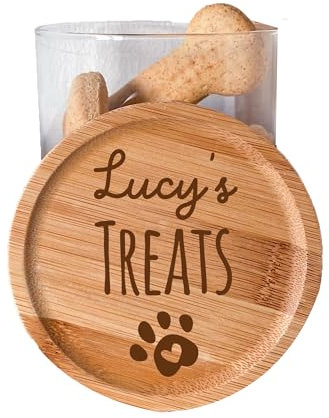 Personalised dog treats glass jar with wooden engraved lid/Dog's snacks or treats/Christmas gift for pet/Dog or cat treat jar storage