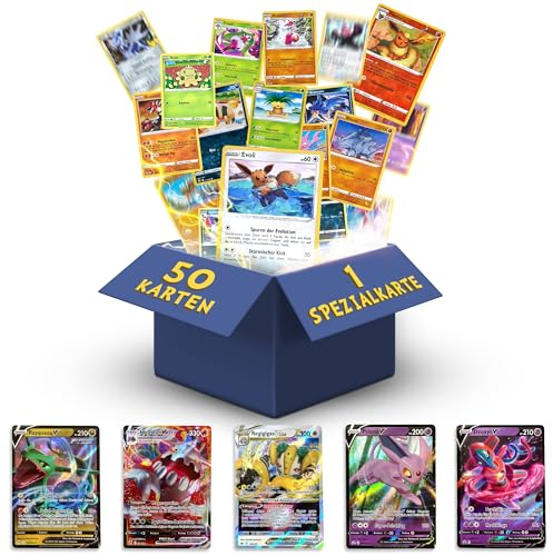 Heartforcards® 50 Original Verschiedene Pokemon Karten | Deutsch | 1 V/Ex/Vmax/Vstar | 3X Holo | 3X Selten |1X zufällige Pikachu/EvoIi | Sammelkarten aus aktuellen Sets 100 Hüllen