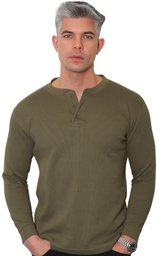 Men's Regular-Fit Long-Sleeved Henley Shirt Top Plain Grandad Neck Waffle Knit T-Shirt Lightweight Henley Tops for Gym (2208-A) (UK, Alpha, 3XL, Regular, Regular, Khaki)