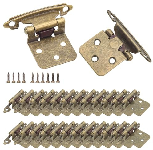 Antique Brass Self Closing Cabinet Hinges for Kitchen Cabinet, 24 Pack(12 Pairs) 1/2 Overlay(Variable) Cabinet Hinge for Cabinet Door, Semi Concealed Face Flush Mount Cabinet Hinges with Screws
