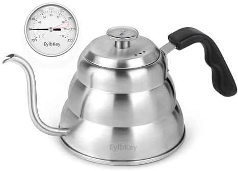 Gooseneck Pour Over Kettle for Coffee and Tea with Thermometer Hand Drip Kettle Precision Flow Spout Goose Neck Jug for Induction Stovetop (Silver, 1000ml)