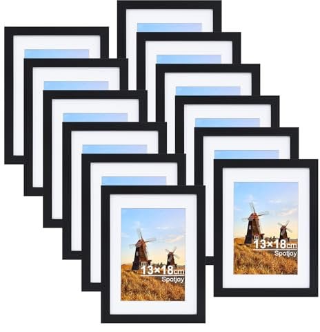 Spotjoy Bilderrahmen 13x18 cm 12er Set Fotorahmen Posterrahmen mit Passepartout Holzrahmen Dokumentenrahmen stabiles MDF-Holz Rahmen mit Acrylglas, Schwarz