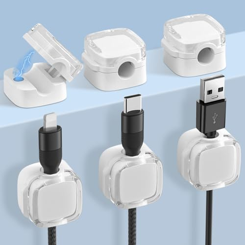 URAQT Fermacavi Scrivania, 6 Pezzi Organizer a Clip per Cavo Portacavo Magnetico, Magnetico Cavo Clips per Filo con Adesivo, Durevole Cord per USB, Cavo Audio, Bianco-Upgraded