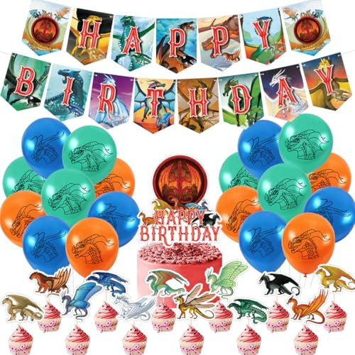 Drachen Geburtstag Deko,Doyomtoy 32 Stück Dragon Luftballon Tortendeko Happy Birthday Banner Drachen Geburtstag für Kindergeburtstag Party Deko Baby Shower