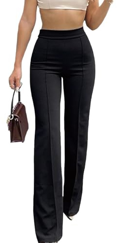 HAWILAND Women Ladies Wide Leg Trousers Work Office Smart Casual Elegant High Elasticated Waist Bootcut Long Pants Flared Leggings Black