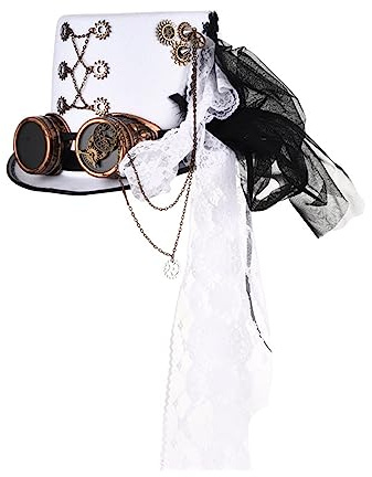 KANGQL Steampunk Top Hat, Steampunk Herren Hut mit Brille Gay Zylinder Steampunk Bowler Zylinder Vintage Halloween Zylinder Gothic Karneval Nachtclub Weiß