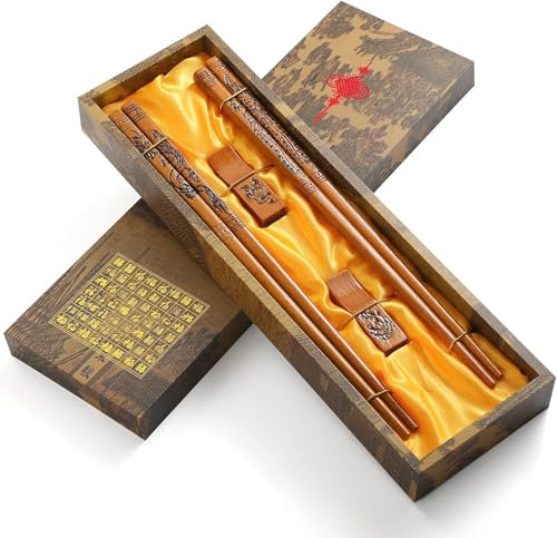 Chopsticks Reusable,Wooden Dragon and Phoenix Chopsticks Set with Dishwasher Safe,Natural Wooden Chopstick Gift Set (2 Pairs)