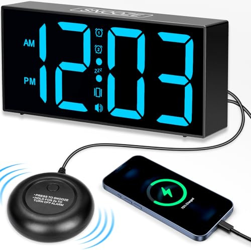 Wecker Laut für Tiefschläfer, Vibrationswecker Digitaler Wecker mit Vibrationsalarm Große Anzeige Snooze 2 Alarme Helligkeit und Lautstärke Regelbar, Batterie USB Ladeanschluss für Jugendliche Ältere