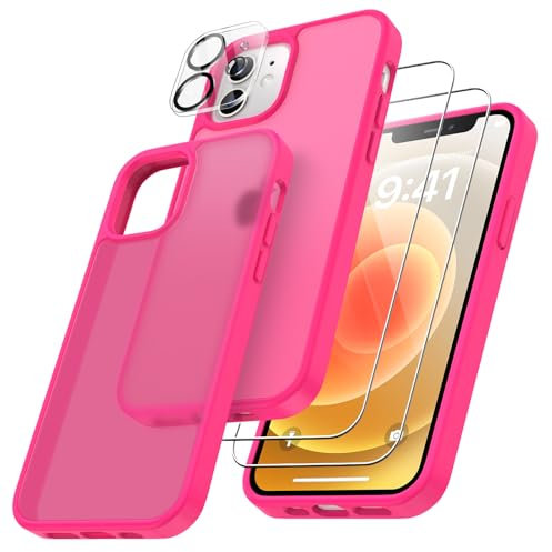 FLLAO 4 en 1 Coque pour iPhone 12 avec 2 Verre Trempé et 1 Caméra Protecteur, [Coussin d'air Intégré] Antichoc Antirayures Bumper Protection Housse pour iPhone 12 6.1, Rose Brillant