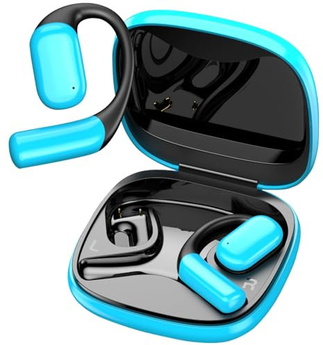 QCOQ Open Ear Headphones, True Wireless Earbuds, Punchy Bass, Clear Calls, 42H Playtime, Bluetooth 5.4 Earbuds, IP5 Water Resistant, Secure Earhooks for Daily Use (Celeste)