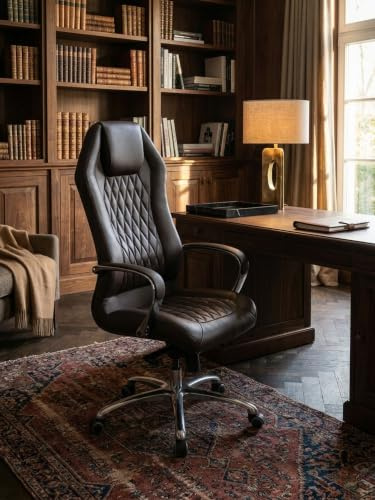 KADIMA DESIGN Bürostuhl Monterey Echt-Leder Braun Schreibtischstuhl 120KG Chefsessel hohe Rückenlehne mit Kopfstütze X-XL