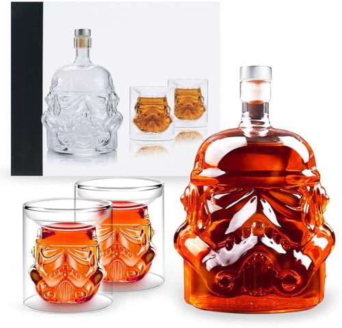 Whiskey Karaffe mit Gläsern 750ml Whisky Karaffe Set mit Gummistopfen Transparent Kreatives Styling Whisky Flasche für Brandy Wodka Wein als Geschenk für Vater Ehemann Freund