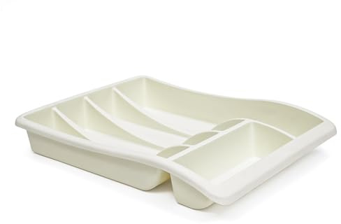 WINSOME Cutlery Drawer Organiser Plastic | Kitchen Drawer Organiser for Large Utensils | 5 Compartment Cutlery Divider for Spoons, Knives, Forks | Large Black Drawer Tidy (Cream)