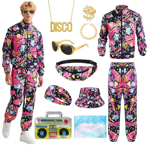 COYBTO 80s Fancy Dress Men, 90s Fancy Dress Costumes with Retro Accessories, 80s Fanny Pack Headband Inflatable Radio, 1980s Mens Tracksuit Shell Suits for Carnival Party Dress Up
