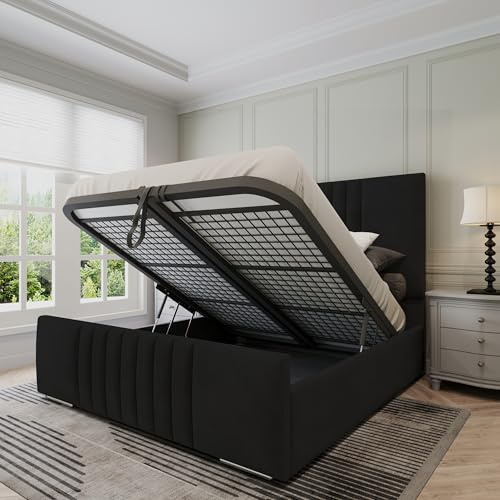 Furnishion Wingback Panel Ottoman Bed Double - Black Velvet Double Bed with Storage - Panel Double 4ft6 Bed - Mattress Not Included & 48inch High Headboard