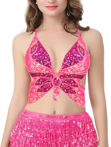 Segreto Crop Top sexy pour femme - Motif papillon - Paillettes - Sans manches - Pour danse du ventre, Rose rose., taille unique
