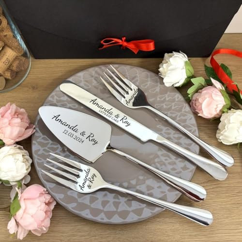 Juego de corte de pastel de boda personalizado en caja de regalo, kit de corte de pastel plateado grabado personalizado, kit de corte de aniversario de inauguración de la casa