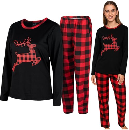 HEYO Schlafanzug Damen Lang Pyjama 100% Baumwolle Zweiteiliges Set Langarm Shirt Lange Pyjamahose Weihnachtspyjama (DE/NL/SE/PL, Alphanumerisch, S, Regular, Regular, Standard, Schwarz)