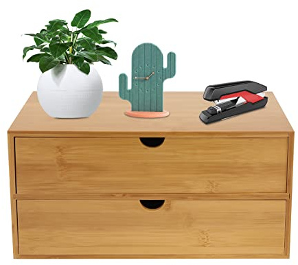 Schubladenbox aus Bambus 33x19x16cm, Schreibtisch Organizer mit 2 Schubladen - Mini Kommode Holz für Büro & Kosmetik, Desk Organizer in Naturfarbe, Perfekt für Home Office